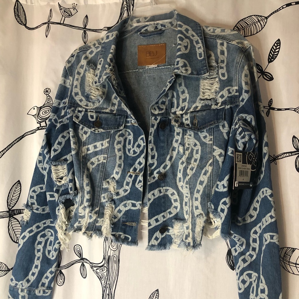 BBJ Cropped Distressed Chain Design Denim Jacket